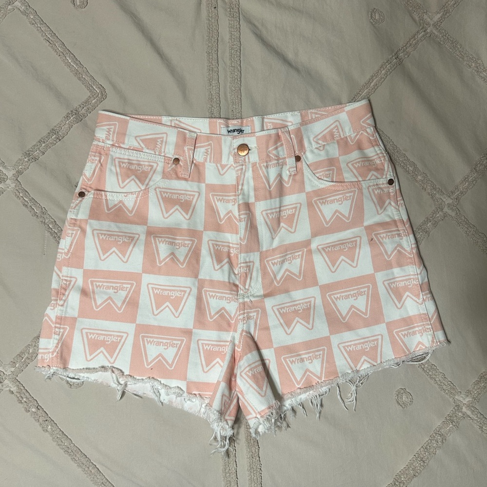 Wrangler Pink and White Logo-Print High-Rise Denim Shorts